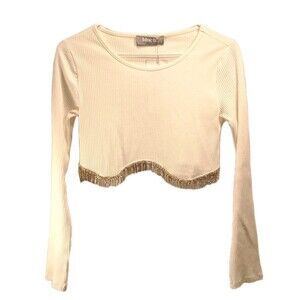 Bluebusa Womens WHITE Long Sleeve Crop Top W/ Rhinestone  Sz Small NWT Festival